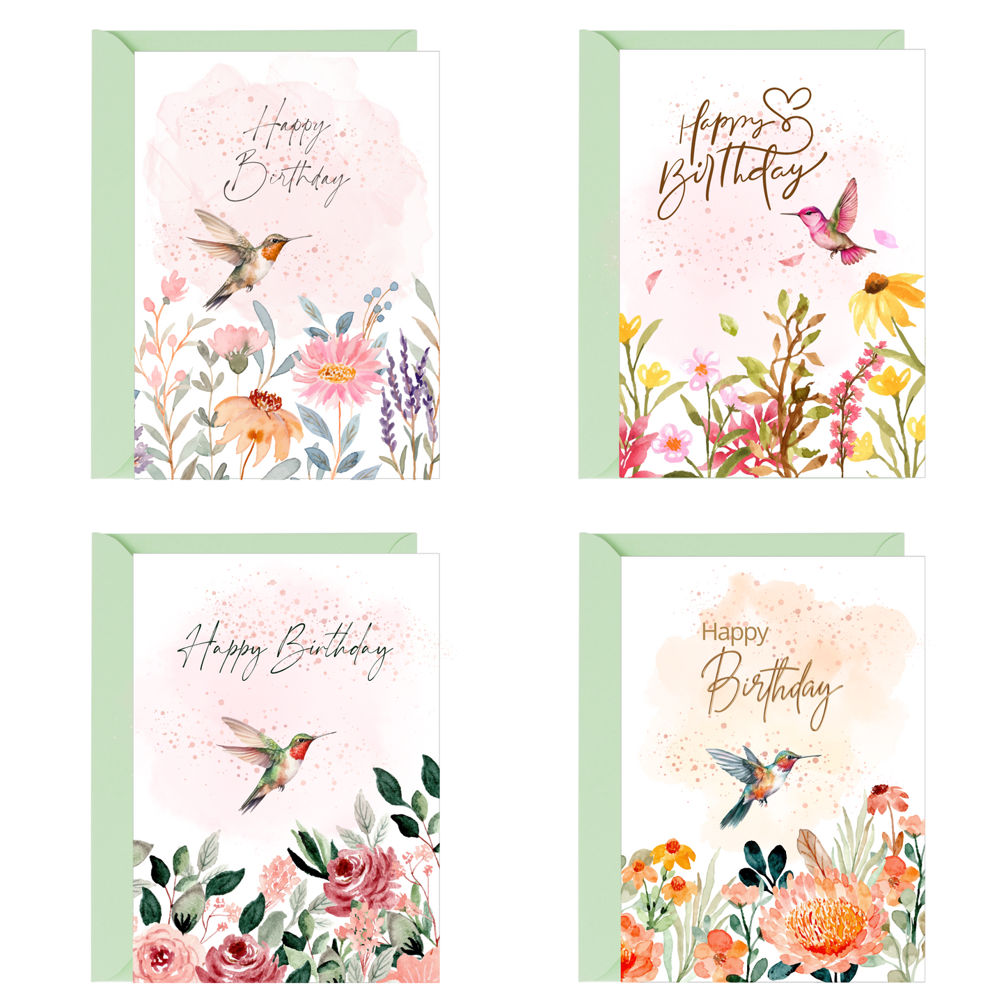 Spring Flowers & Hummingbird Birthday Card Set (4 Designs)