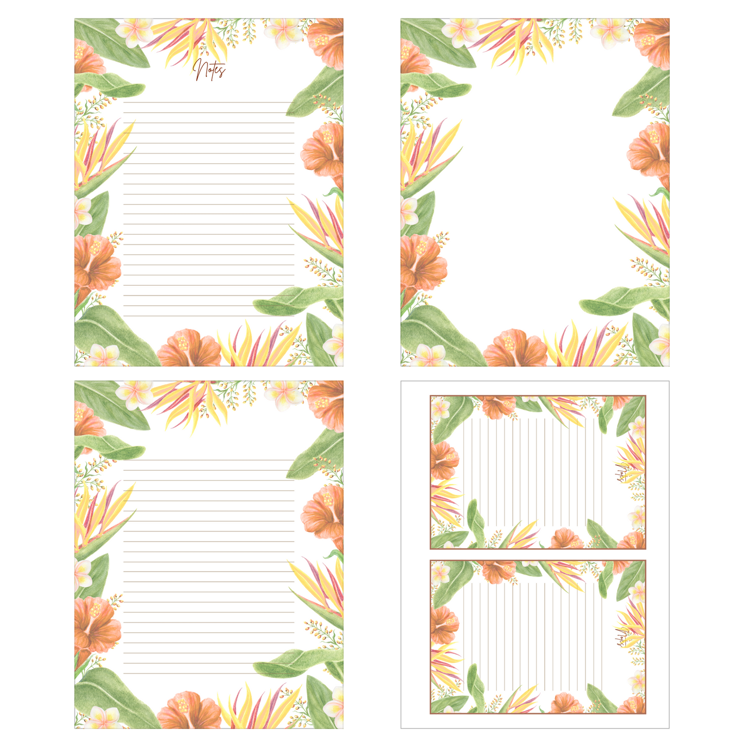 Orange Hibiscus & Bird of Paradise Stationery Set
