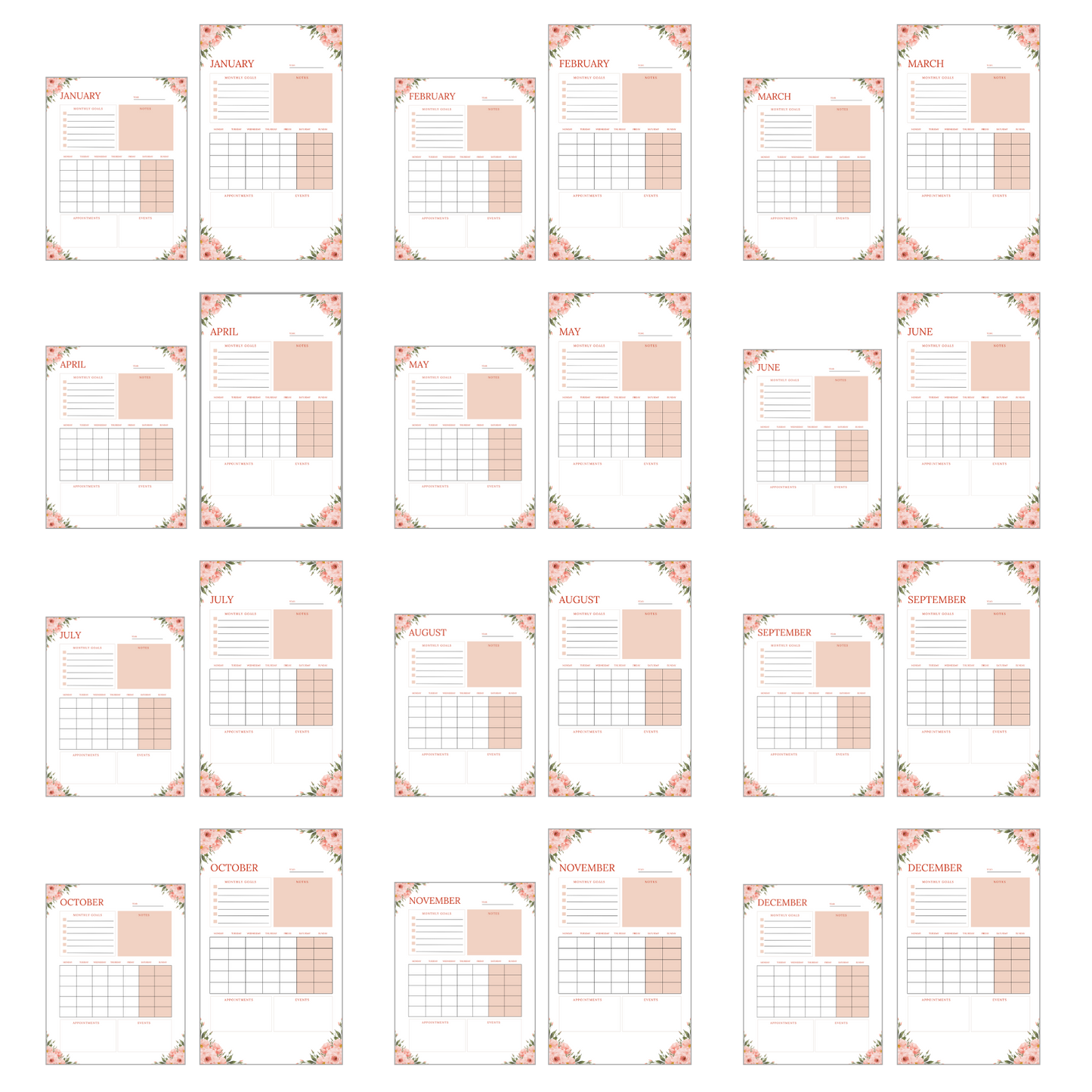 12-Month Goals Calendar Set