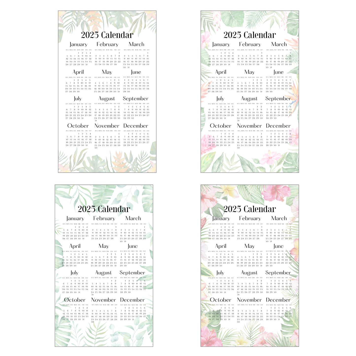 2025 Watercolor Tropical Flowers Calendar Set