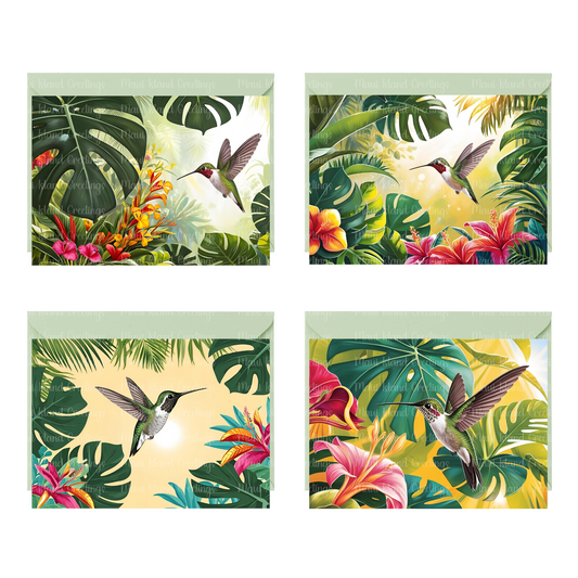 Tropical Flowers and Hummingbird Greeting Cards