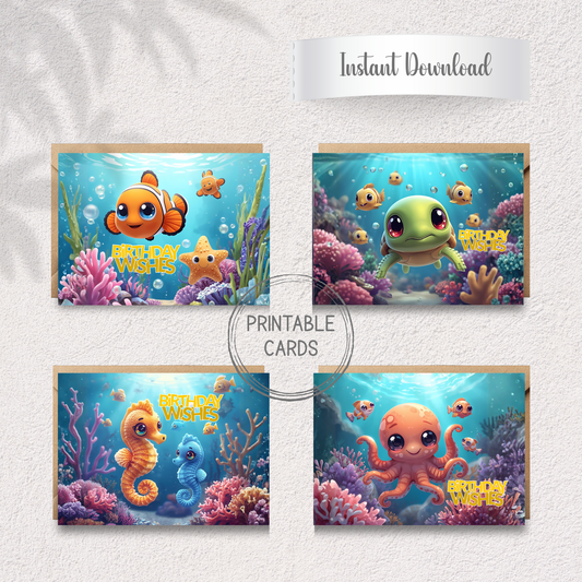 Kawaii Ocean Friends Birthday Card Set