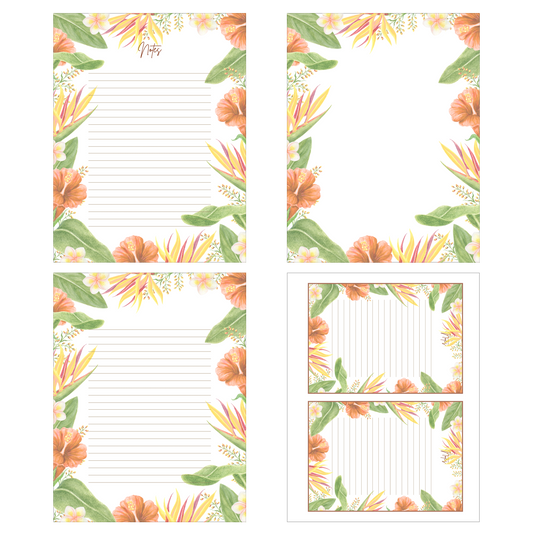 Orange Hibiscus & Bird of Paradise Stationery Set