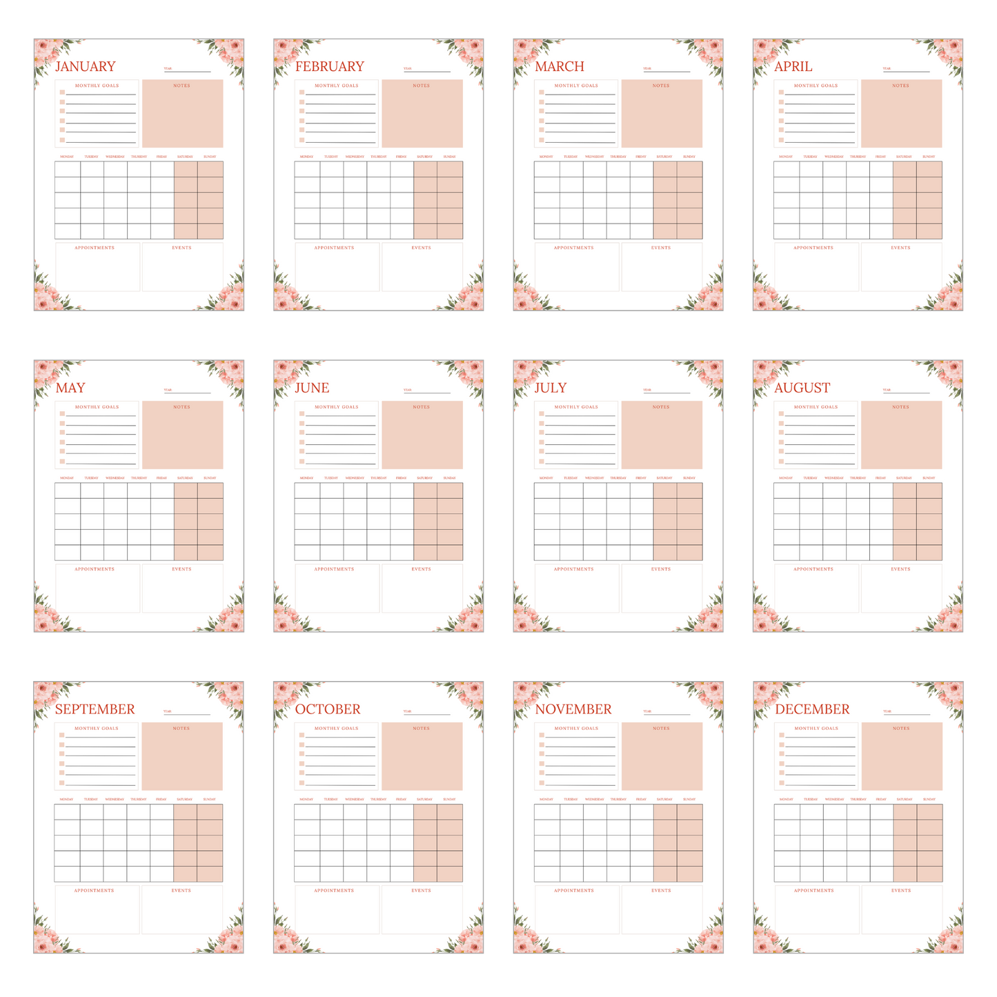 12-Month Goals Calendar Set