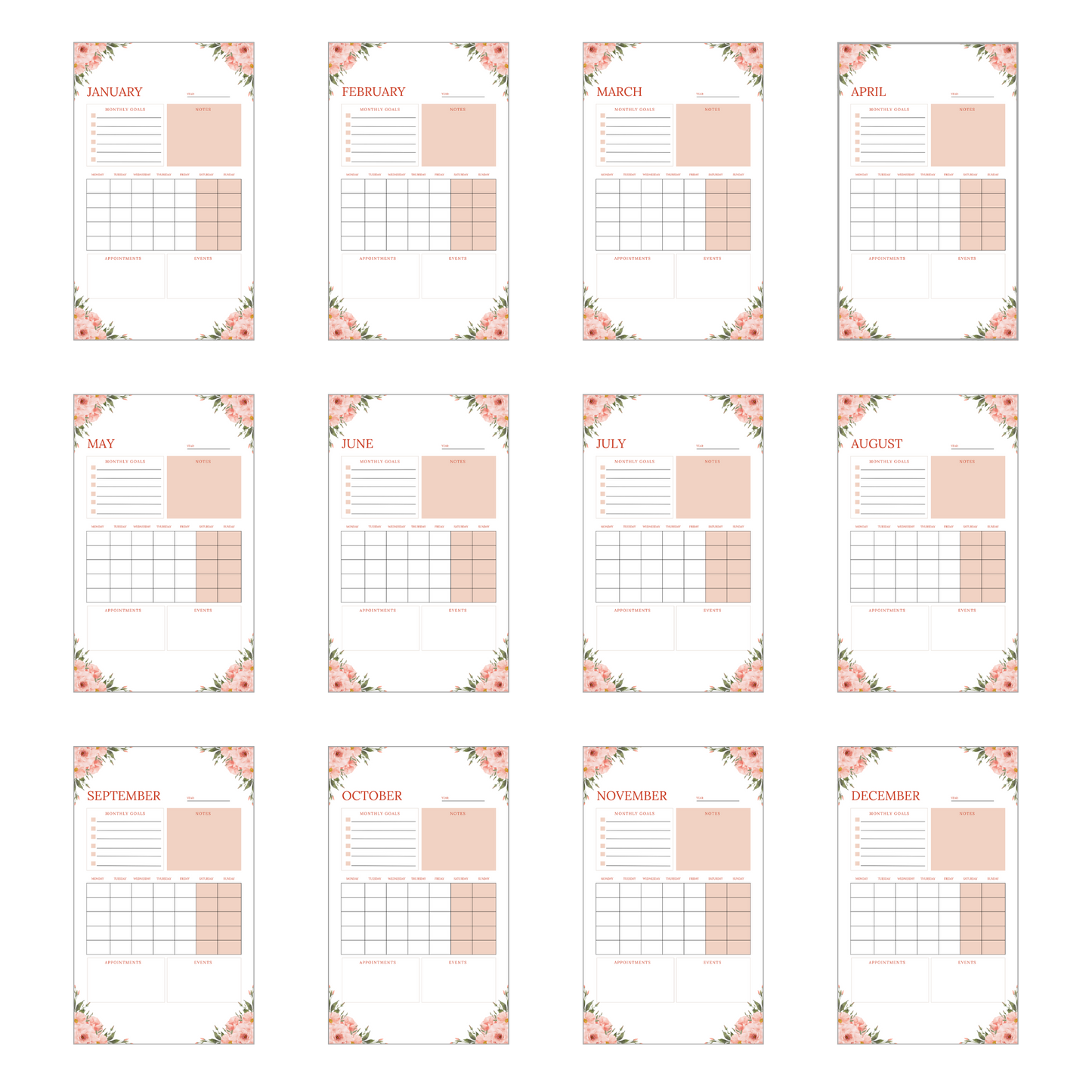 12-Month Goals Calendar Set