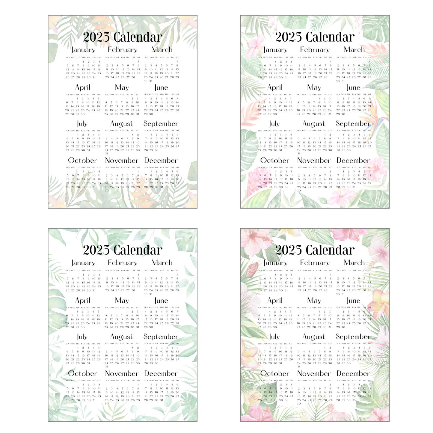 2025 Watercolor Tropical Flowers Calendar Set